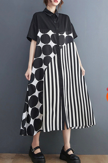 黑白復古大圓點不規則拼接條紋襯衫洋裝-洋裝推薦