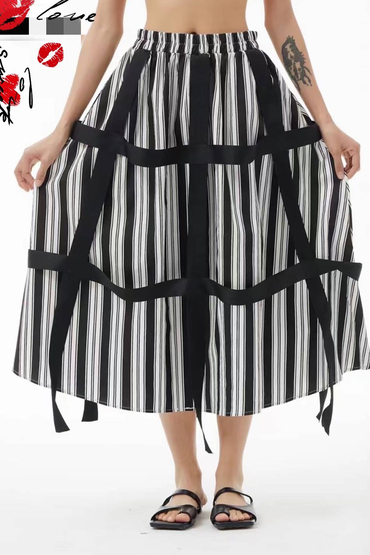 立體織帶黑白條紋鬆緊腰造型裙-裙子推薦
