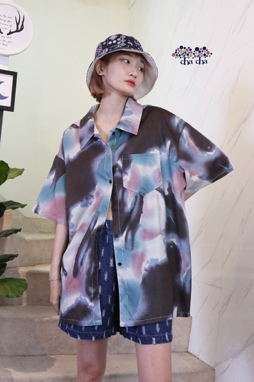 文青風藍紫粉高雅色系藝術渲染寬鬆襯衫-襯衫推薦