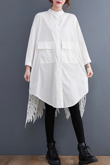 天使白背面鏤空造型質感長版襯衫-襯衫推薦