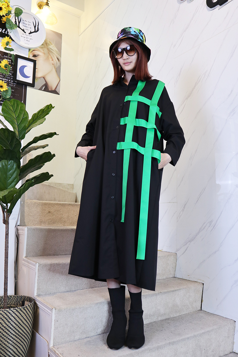 立體綠色織帶前排扣高質感雪紡襯衫洋裝-洋裝推薦