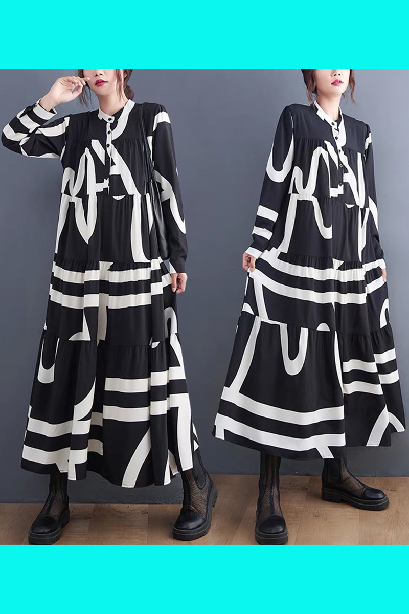 抽象藝術線條黑色長版洋裝-洋裝推薦