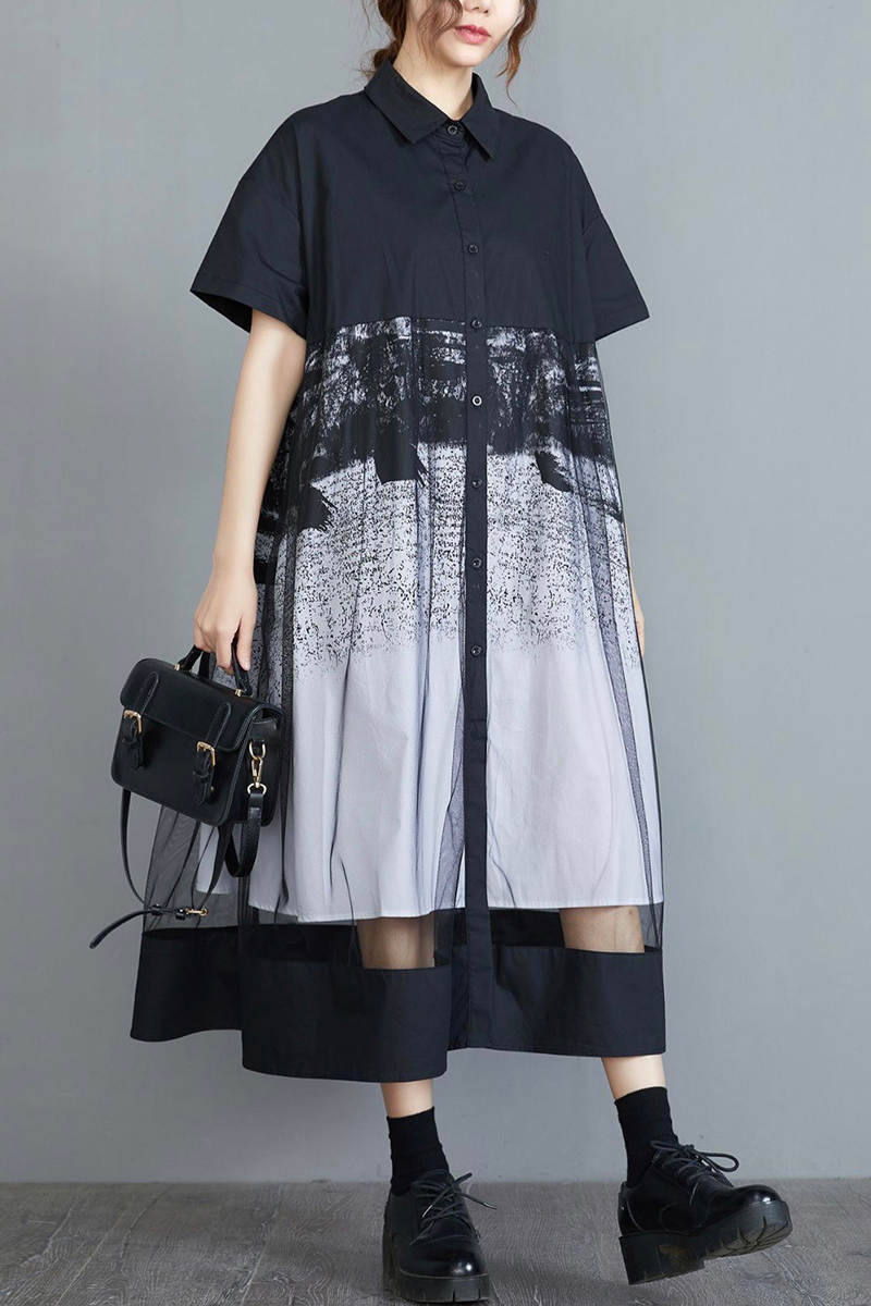 抽象黑白配色拼接網紗裙擺鏤空洋裝-洋裝推薦