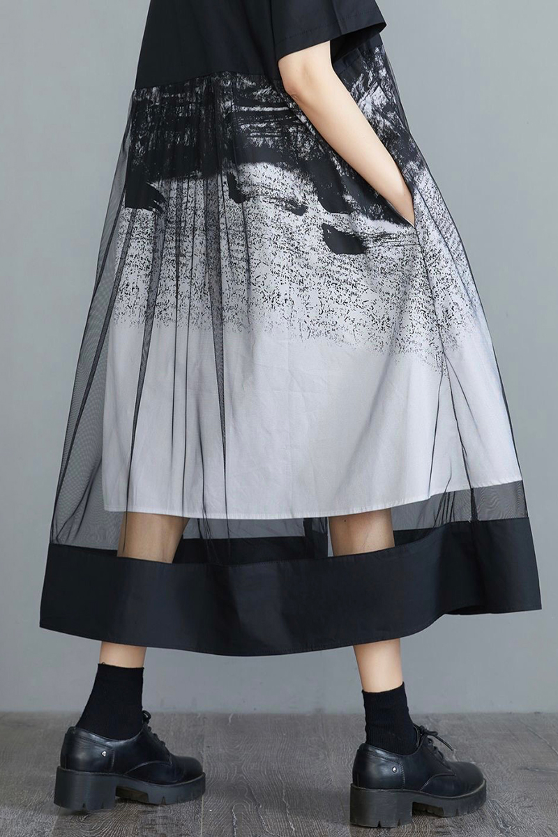 抽象黑白配色拼接網紗裙擺鏤空洋裝-洋裝推薦