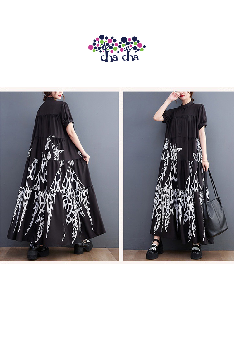 黑白藝術圖騰層次拼接洋裝-洋裝推薦