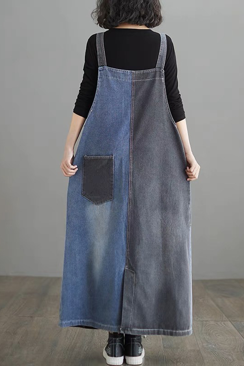 黑藍色拼接大口袋造型水洗吊帶牛仔裙