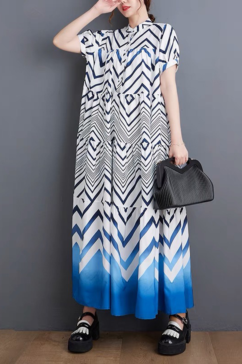 藍色漸層線條三角藝術圖騰層次拼接洋裝-洋裝推薦