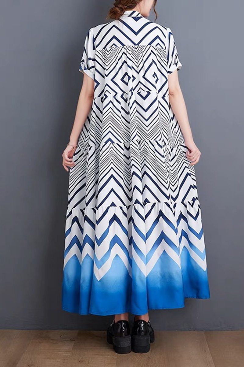 藍色漸層線條三角藝術圖騰層次拼接洋裝-洋裝推薦