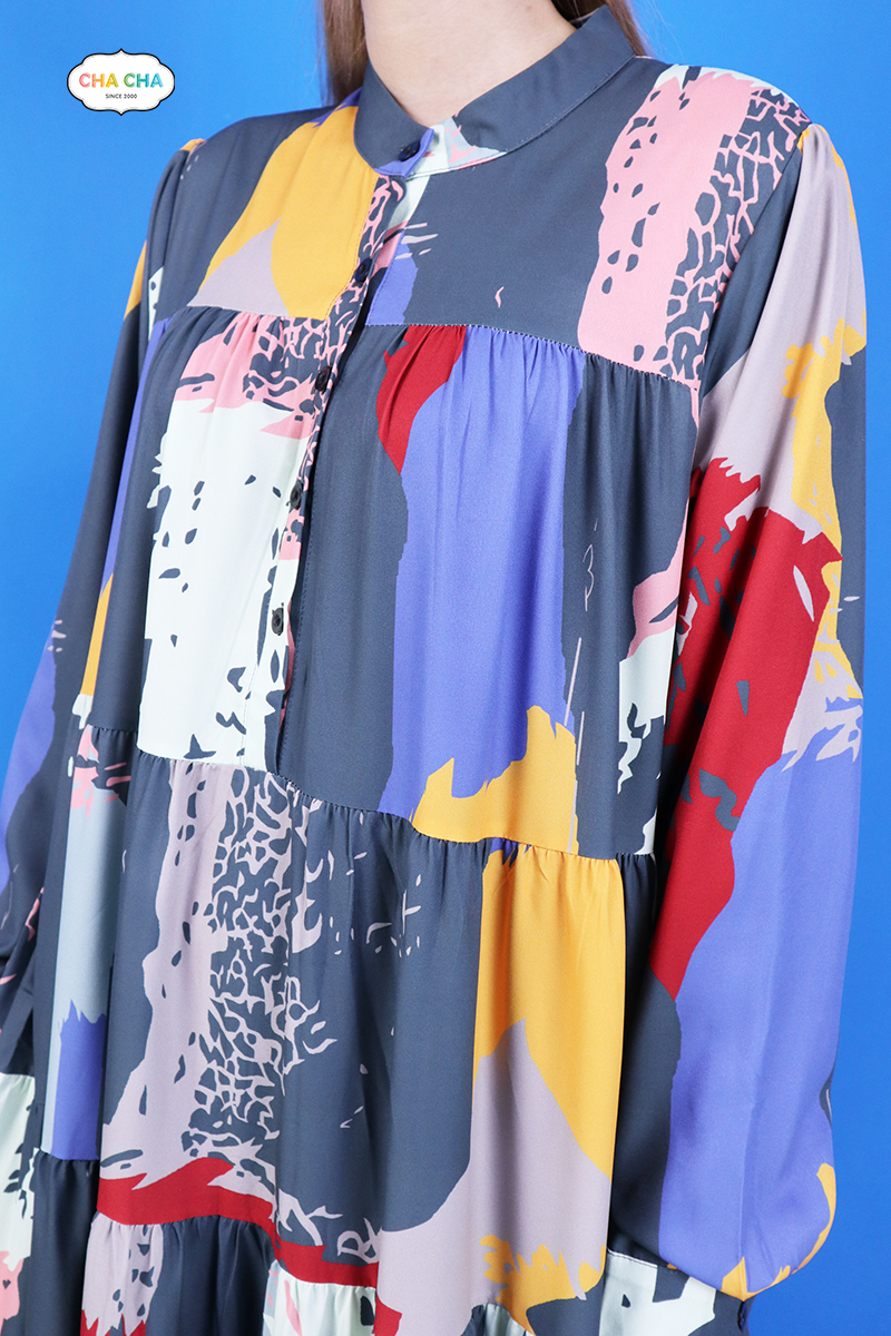 低調藍灰系列藝術感圖案拼接層次洋裝-洋裝推薦