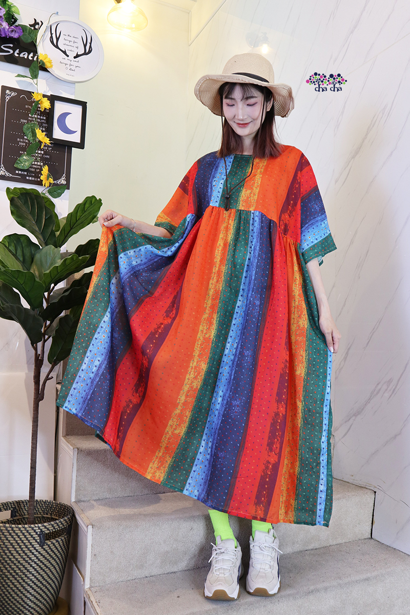 鮮豔色彩日系寬鬆剪裁棉麻洋裝-洋裝推薦