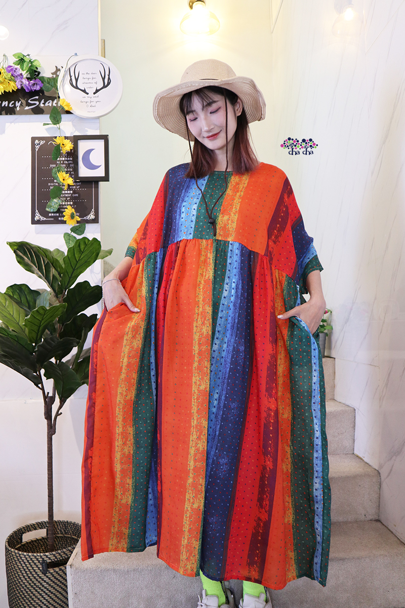 鮮豔色彩日系寬鬆剪裁棉麻洋裝-洋裝推薦