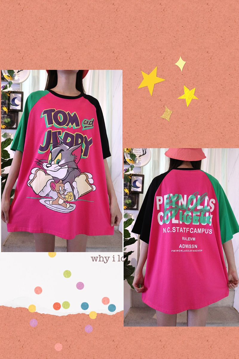 可愛色彩卡通貓和老鼠拼接袖子寬鬆上衣-上衣推薦