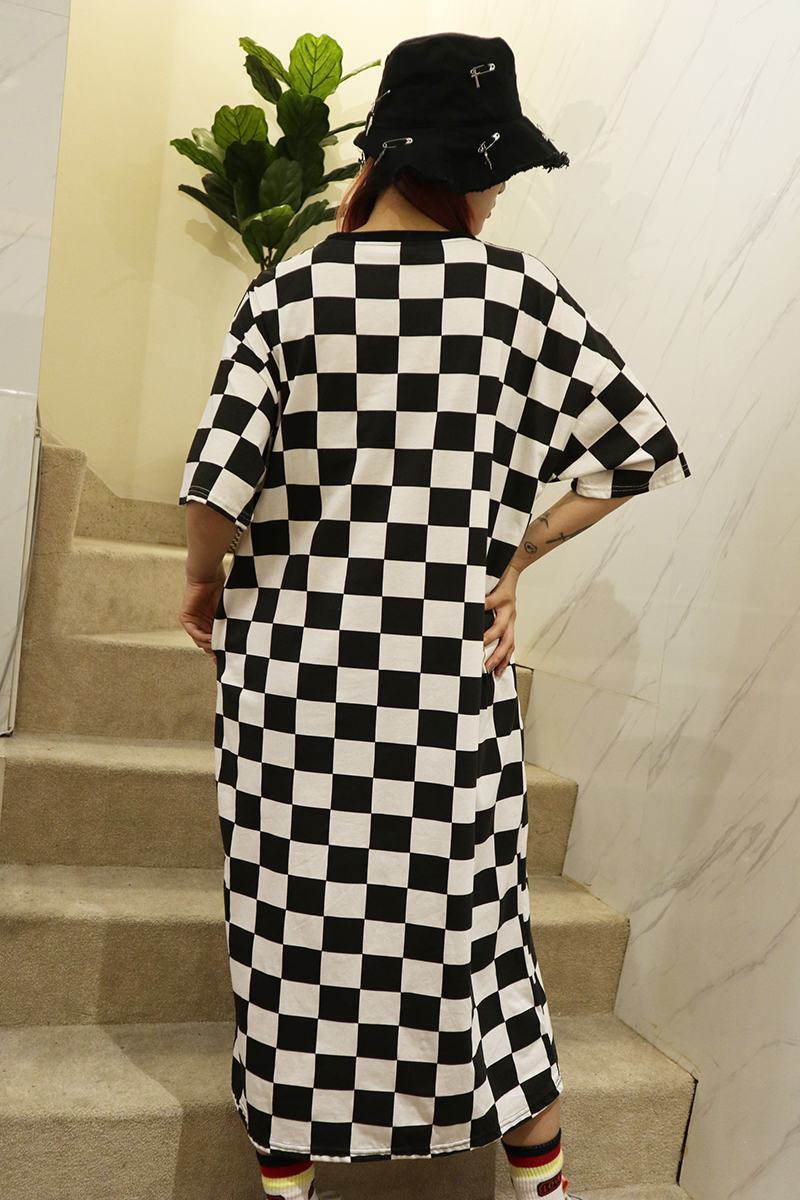黑白棋盤格個性風雙側口袋寬鬆洋裝-洋裝推薦