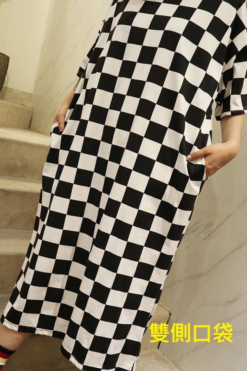 黑白棋盤格個性風雙側口袋寬鬆洋裝-洋裝推薦