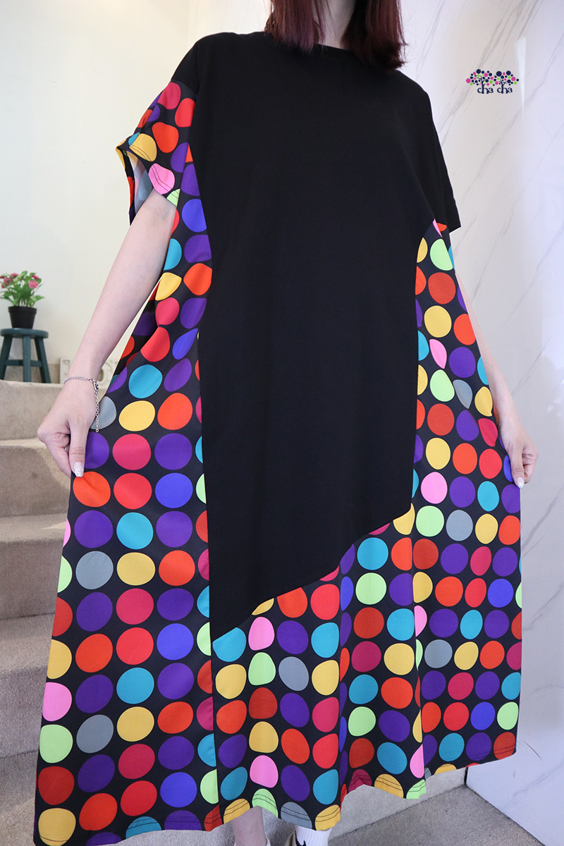 拼接彩色圓圈寬鬆造型洋裝-洋裝推薦