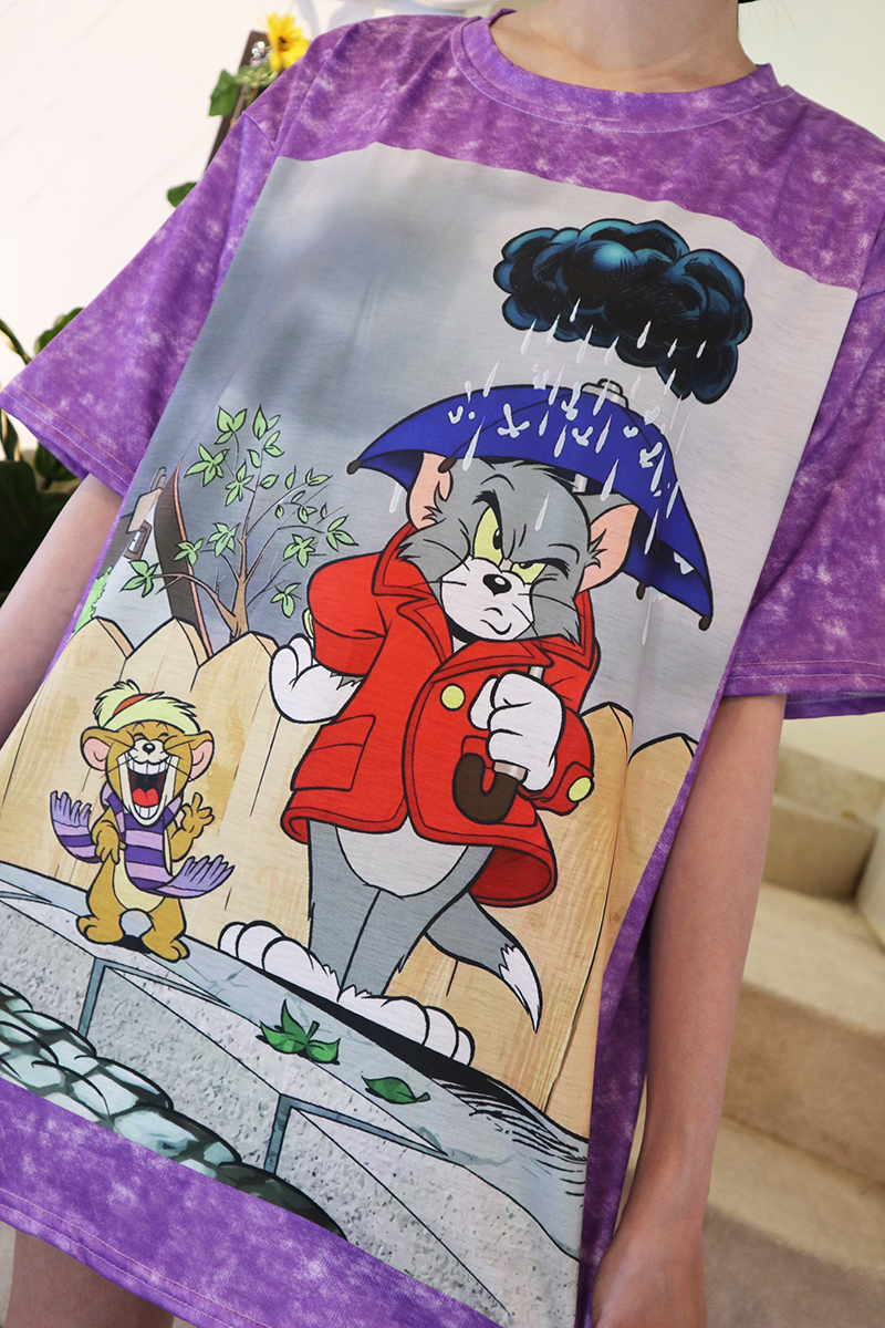 可愛貓老鼠前後圖案寬鬆長版上衣-上衣推薦