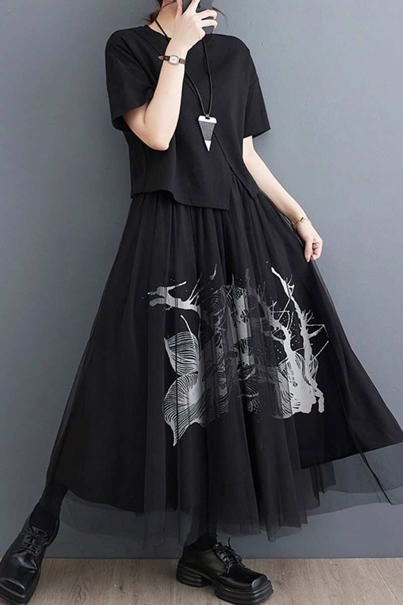 雙層拼接黑白藝術圖案裙子-長裙推薦