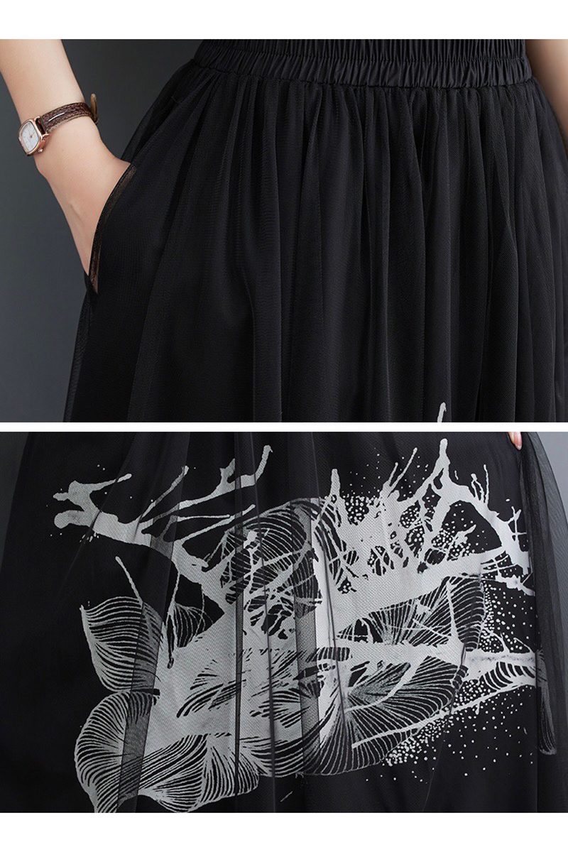 雙層拼接黑白藝術圖案裙子-長裙推薦