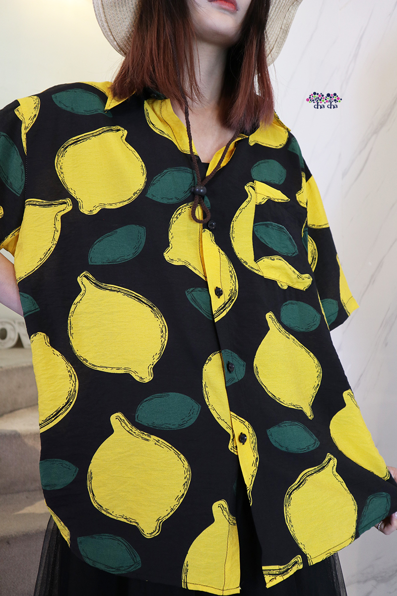 可愛清新滿版檸檬圖案舒適寬鬆襯衫-襯衫推薦