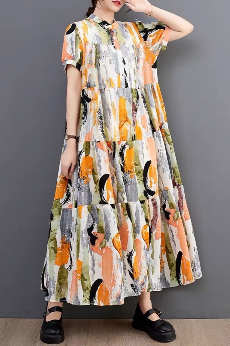 清新綠橘藝術色彩漆層次拼接傘狀洋裝-洋裝推薦