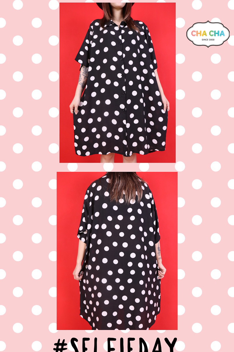 日系可愛黑白點點長版襯衫洋裝-洋裝推薦