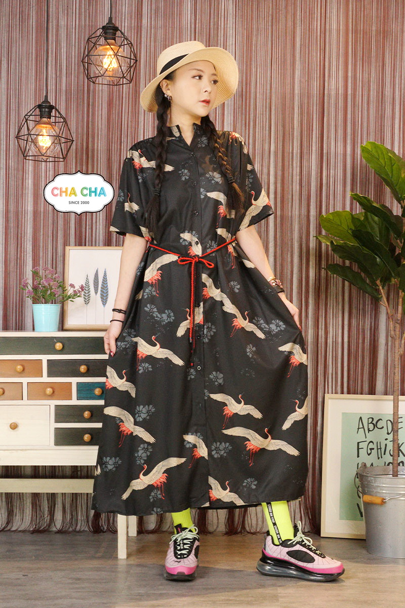日式和風仙鶴寬長版襯衫洋裝-洋裝推薦