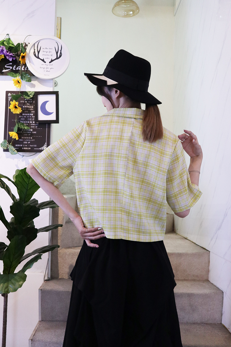 韓系黃色格仔短版西裝外套-外套推薦