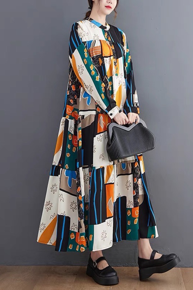 法式浪漫橘藍綠拼色圖騰傘狀蛋糕洋裝-洋裝推薦