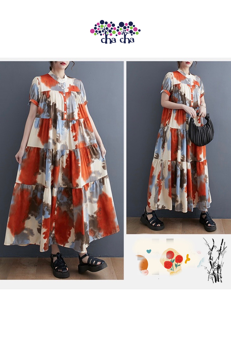 橘藍藝術渲染層次拼接傘狀洋裝-洋裝推薦