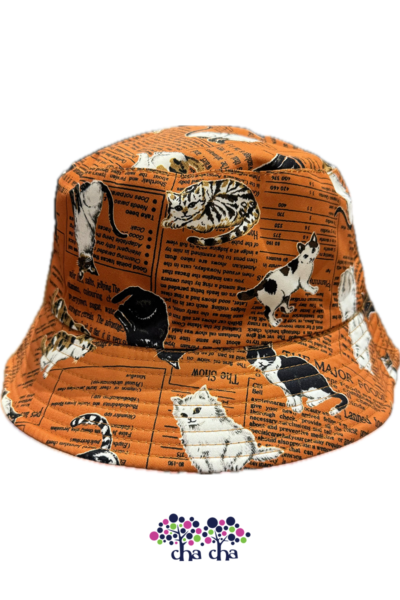 橘色可愛貓咪滿版字母雙面戴漁夫帽-台中漁夫帽推薦