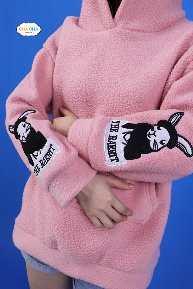 甜美粉紅刺繡兔兔立體耳朵寬鬆帽T-上衣推薦