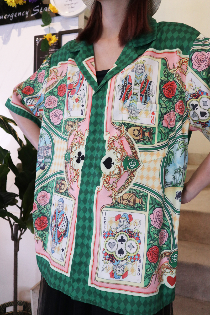 復古文青風滿版撲克牌玫瑰花寬鬆造型襯衫-襯衫推薦