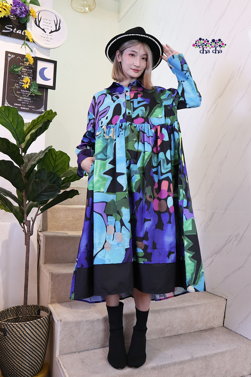 紫藍撞色文藝時尚藝術花朵寬鬆洋裝-洋裝推薦