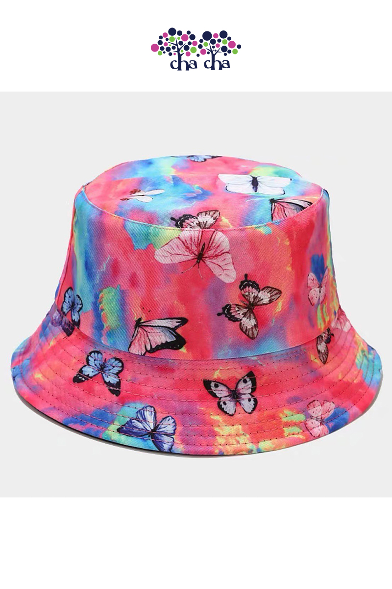 粉藍色渲染翩翩起舞彩蝴蝶雙面戴漁夫帽 粉色-帽子推薦