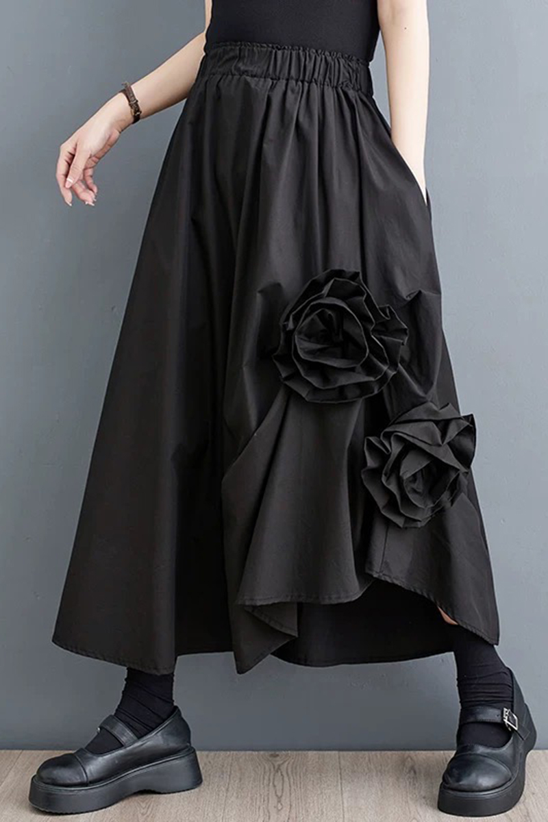 手工立體玫瑰花雙側口袋鬆緊腰造型裙-長裙推薦