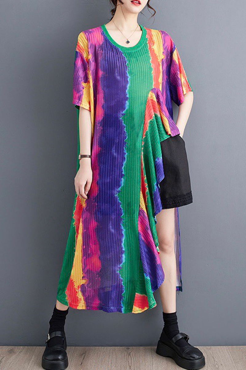 歐美風色彩渲染荷葉花邊彈性網子洋裝-洋裝推薦