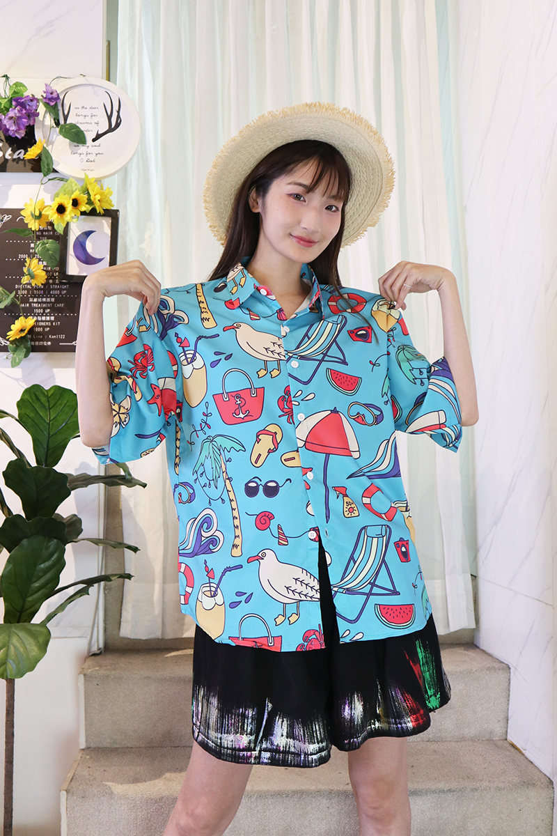 夏日氣息沙灘水果系列藍色襯衫-襯衫推薦