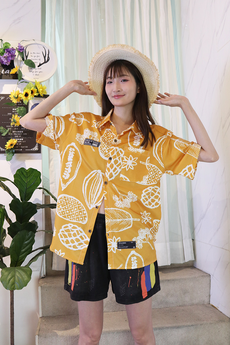 清新夏日水果樹葉圖案黃色造型襯衫-襯衫推薦