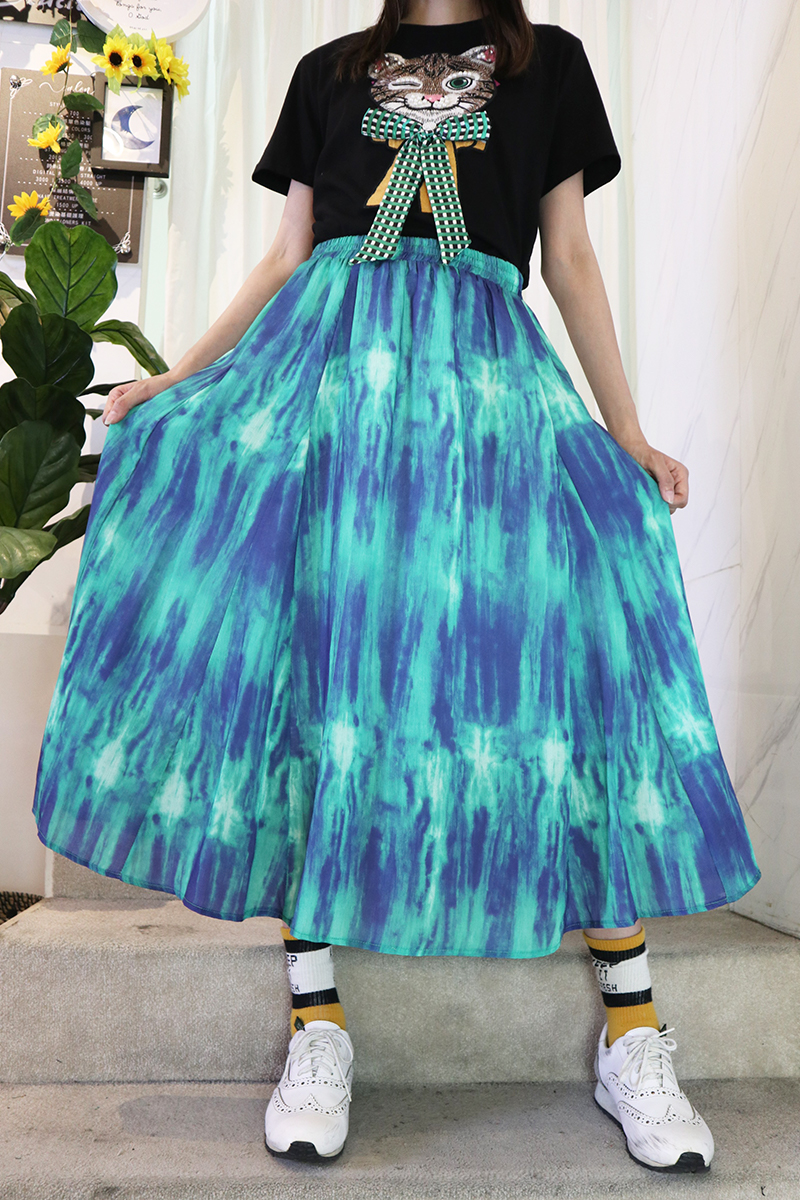 幻彩藍綠色藝術渲染鬆緊腰優質雪紡裙子-長裙推薦