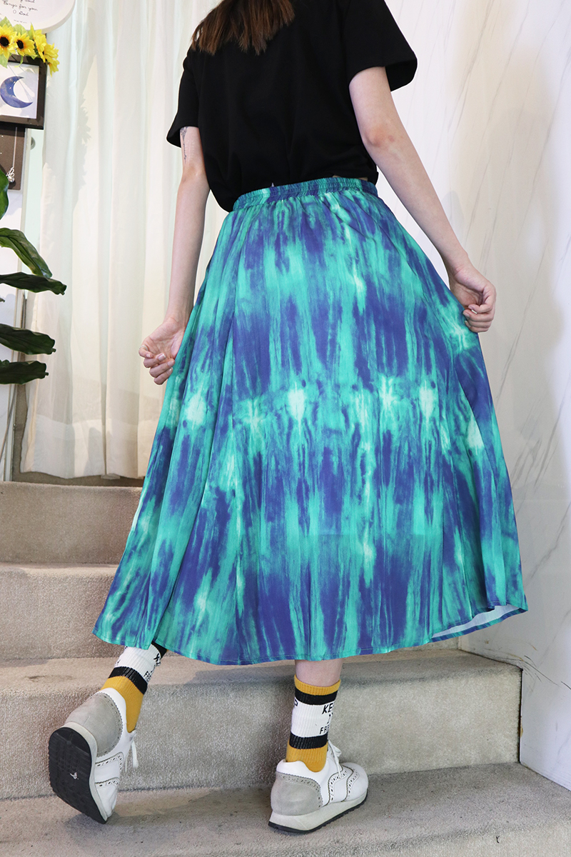 幻彩藍綠色藝術渲染鬆緊腰優質雪紡裙子-長裙推薦