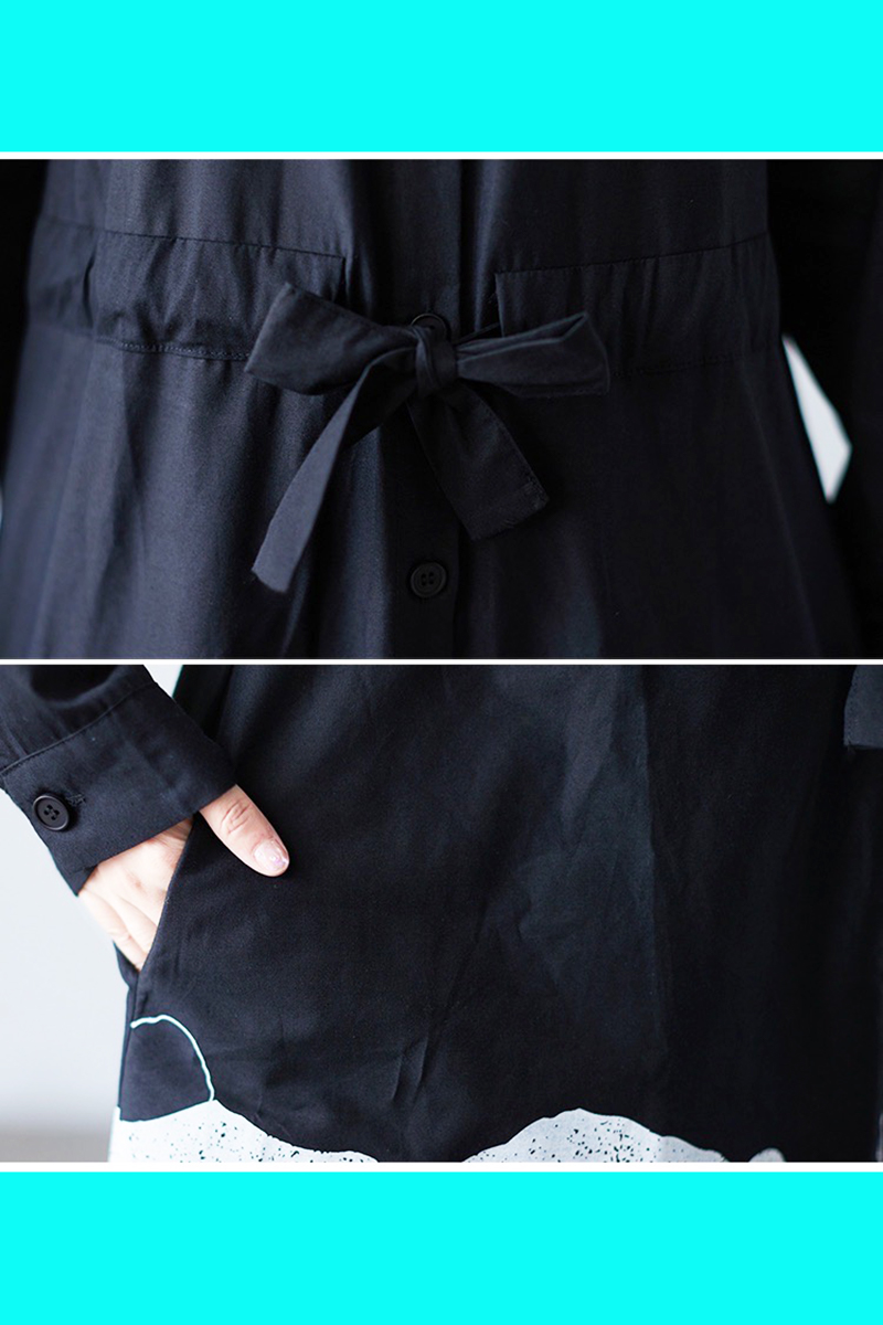 氣質藝術圖騰腰抽帶子修身黑色洋裝-洋裝推薦