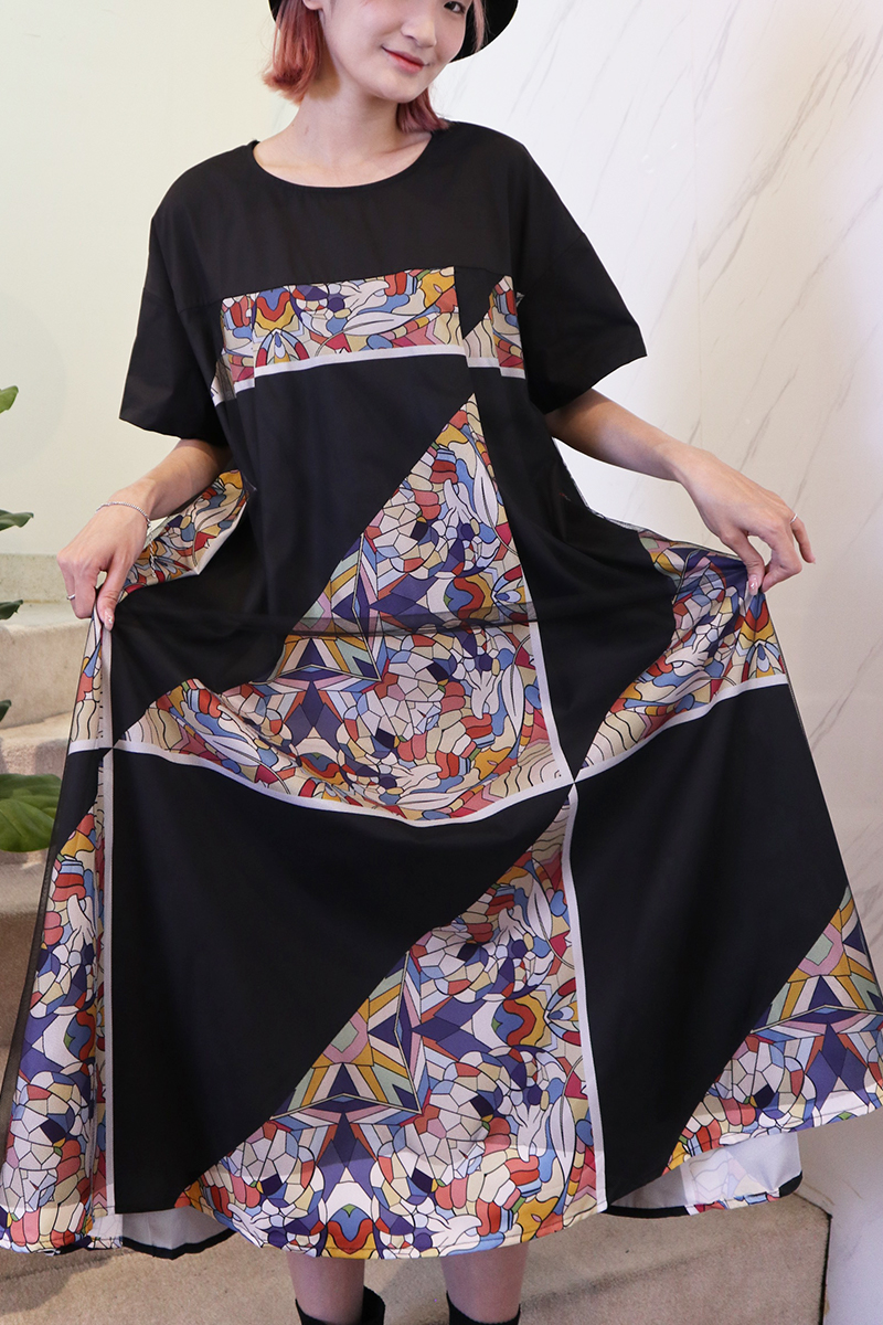馬賽克三角圖騰拼接網紗設計寬鬆洋裝-洋裝推薦