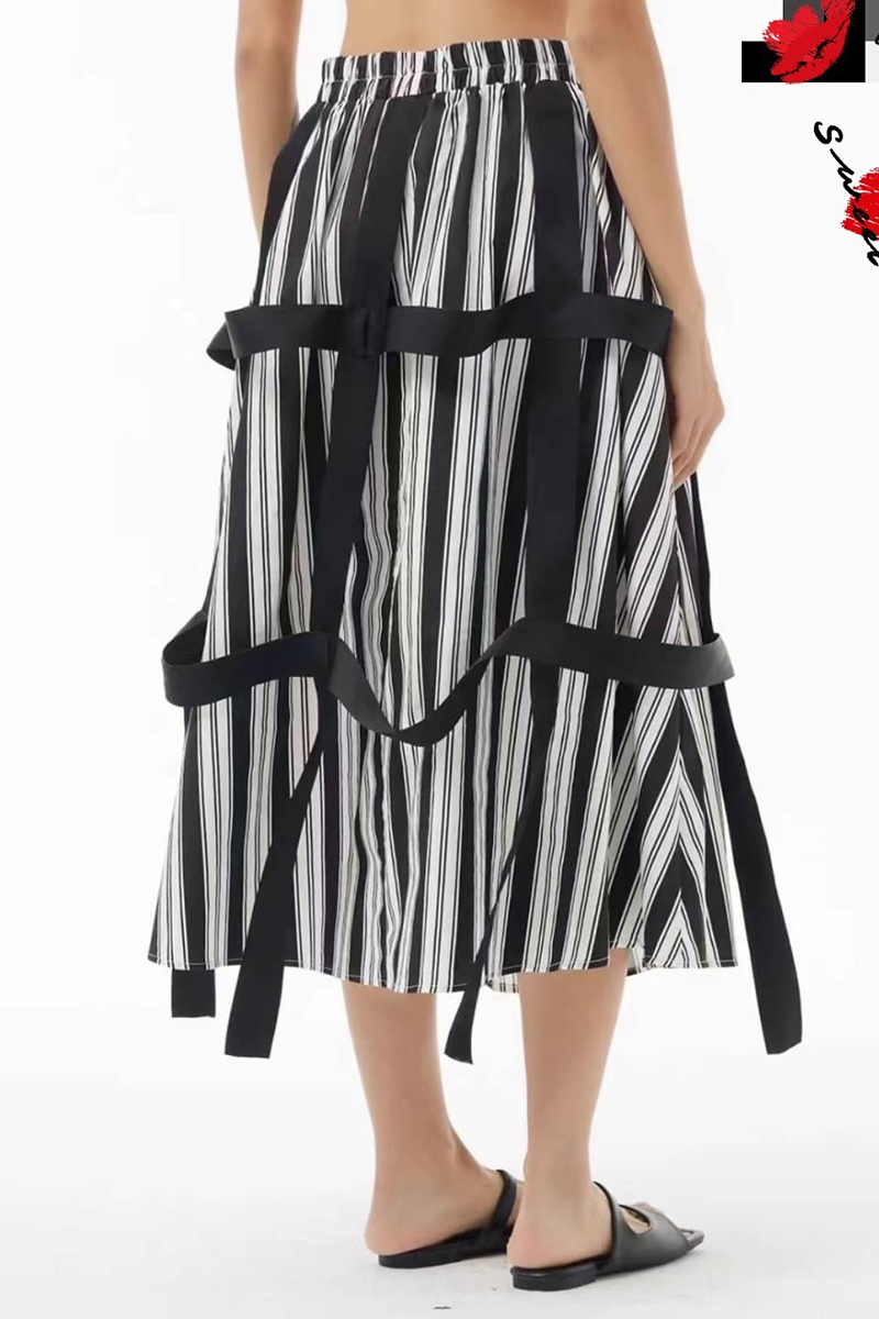 立體織帶黑白條紋鬆緊腰造型裙-裙子推薦