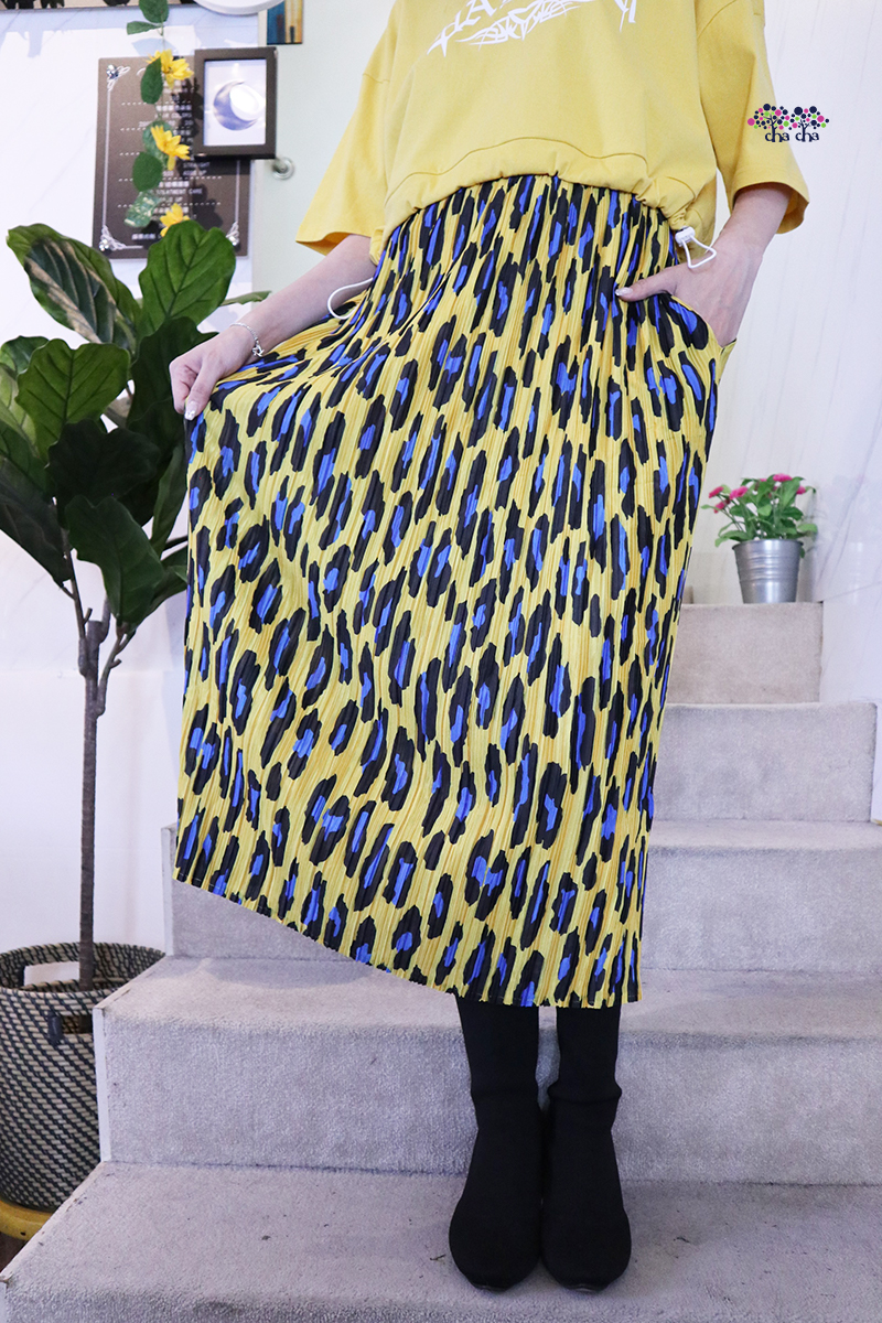 黃藍配色高質感豹紋側口袋鬆緊腰壓摺半腰裙-裙子推薦