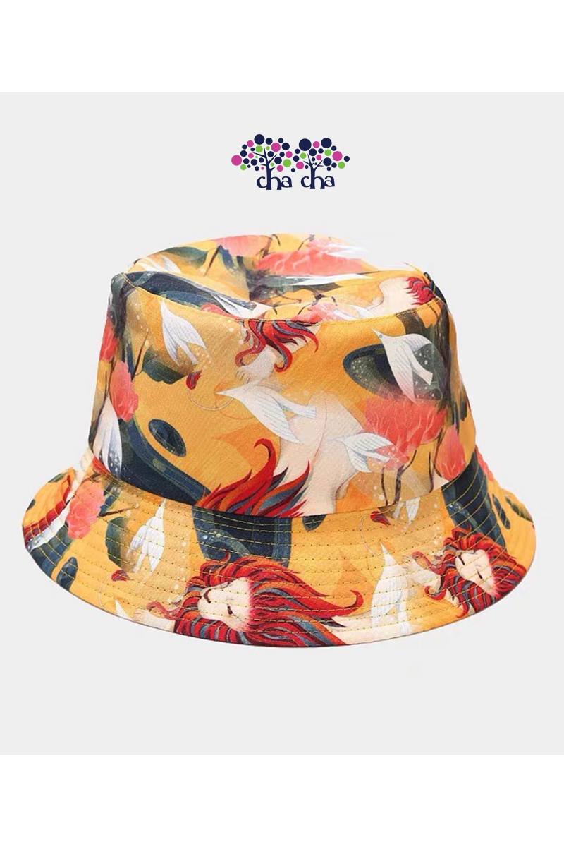 黃橘色藝術抽象動物圖案雙面戴漁夫帽-帽子推薦